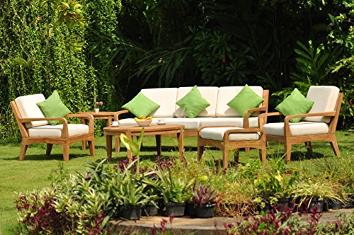 Teakstation Noida 6 Piece Teak Lounge Sofa Set - 3 Seater Sofa, 2 Lounge Chairs, 1 Ottoman, 1 Round Coffee Table And 1 Round End Table - Furniture Only - Noida Collection #Tsssno2 #TOP1