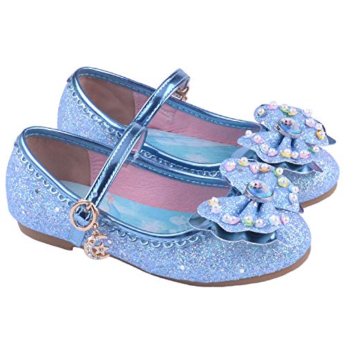 Monissy Niña Antideslizante Zapatos de Vestir Princesa Elsa Lazo Sandalias Disfraz Cosplay Navidad Cumpleaños Regalo Ceremonia Actuación Parte Diario Moda Bailarinas Tamaño24-35 Azul Rosa