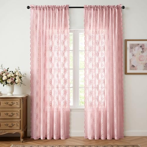 Image of MIULEE Vintage Lace Curtains 90 Inches Long 2 Panels, Victorian Floral Scalloped Semi Sheer Curtains Light Filtering Rod Pocket Panels Decor for Girl Bedroom Living Room, 52 inch W x 90 inch L, Light Pink