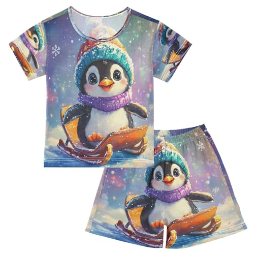 ALAZA Cute Penguin Snowflake Christmas Pajamas Set Short Sleeve Cotton Sleepwear Summer Pjs 2 Piece 5-14Y