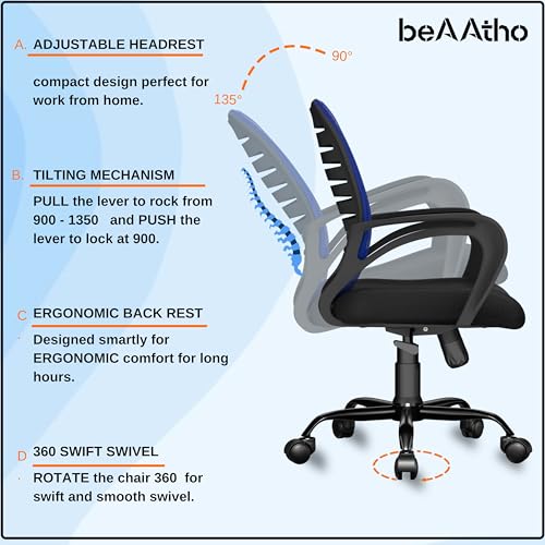 Image of beAAtho Verona Mesh Mid Back Ergonomic Home Office Chair with 3-Years Limited Warranty, Tilting & Height Adjustable Mechanism, Heavy Duty Metal Base Ideal for Office Work & Study (Blue)