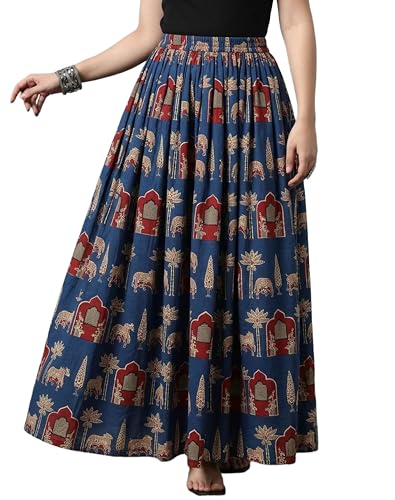 Image of Women's Floral Print Maxi Skirt, Maroon Red, 100% Pure Cotton, Elastic Waist, Full Length, Breathable Fabric