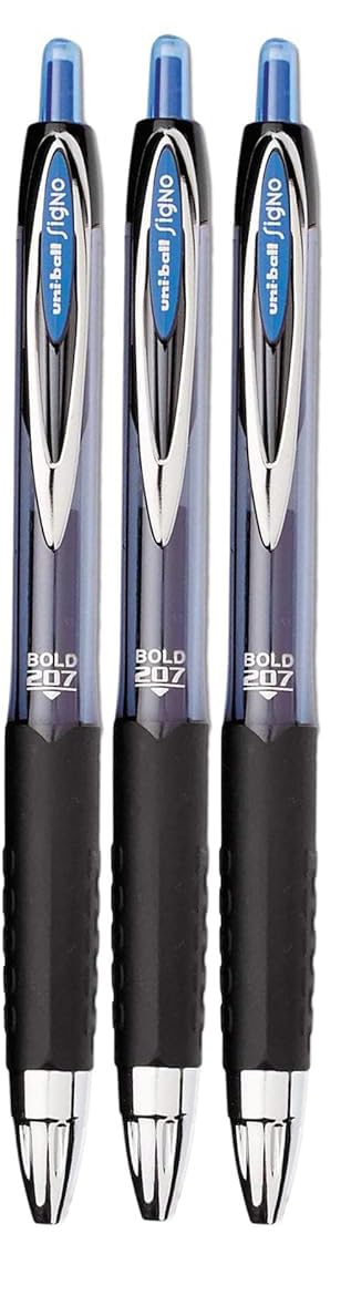 Uni-ball Signo 207 Roller Ball Retractable Gel Pens, Bold Point (1.0mm), Blue Ink, 3 Count,