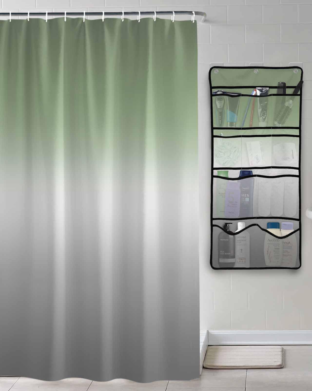 Shower Curtain Mesh Shower Organizer Hanging Set Sage Green and Grey Ombre Color Gradient Waterproof Shower Curtains with