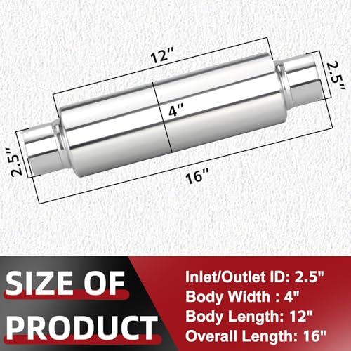 Image of LCGP 2.5 inch Inlet Universal Resonator Muffler, 2.5 inch Outlet 16 inch Overall Length Stainless Steel High Performance Muffler, Polished, Pass-Thru Design