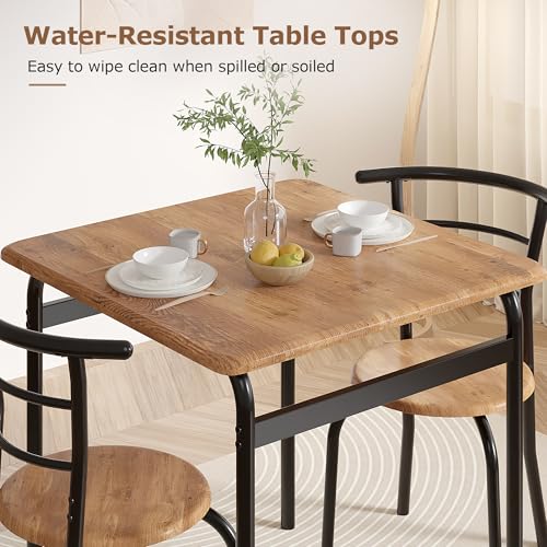 Image of VECELO 3-Piece Dining Table Set for Kitchen Breakfast Nook, Wood Grain Square Tabletop and Metal Frame, for Small Spaces, Vintage Brown