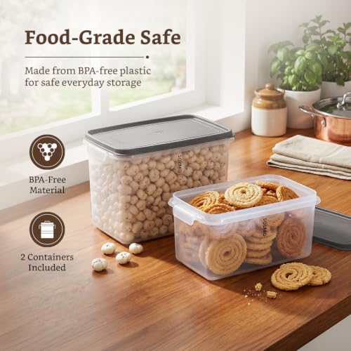 Image of Amazon Brand - Solimo Airtight Plastic Rectangle Storage Containers Food Grade Set of 2 (10.5L & 15L) | BPA-Free Durable Kitchen Storage | Stackable Pantry & Fridge Containers for Dry Food, Grey
