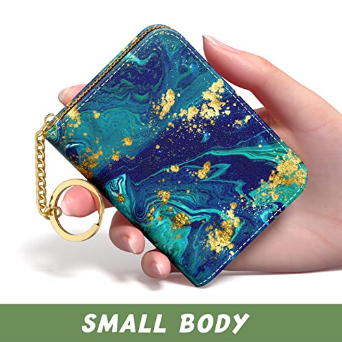 Image of Aiawoxc Credit Card Holder for Women, Small RFID Wallet Slim Leather Card Organizer Case with Zipper and Keychain, Ocean Marble