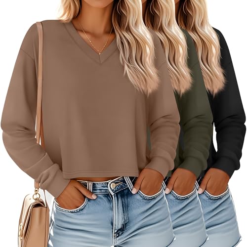 Ficerd 3 Pack Women's Crop Long Sleeve Tops V Neck Loose Cropped T Shirts Drop Shoulder Casual Basic Fall Winter Boxy Tees