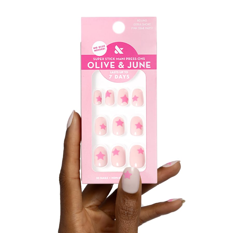 Olive & June Classic Super Stick Mani Press On Nails | Extra Short Round | No Glue Needed | 32 Tab Nails in 16 Sizes | Non-Toxic Tabs Easy On-Off Non-Damaging | Real Look | 7-Day Wear |Pink Star Party
