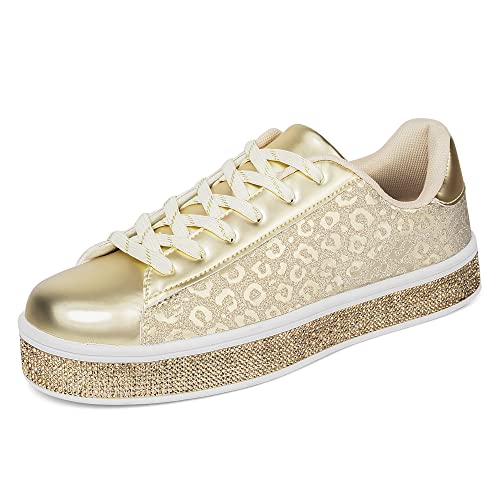 Image of UUBARIS Women's Glitter Tennis Sneakers Neon Dressy Sparkly Sneakers Rhinestone Bling Wedding Bridal Shoes Shiny Sequin Shoes