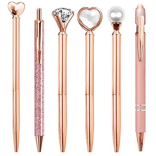 YOXMJDB Cute Pens for Women, 6 Pcs Rose Gold Pens Metal Ballpoint Pens Bulk, 1.0mm Medium Point Black Ink Pens, Office and School Supplies Cool Fun Pens Gifts for Women Teacher Nurse (Rose Gold)
