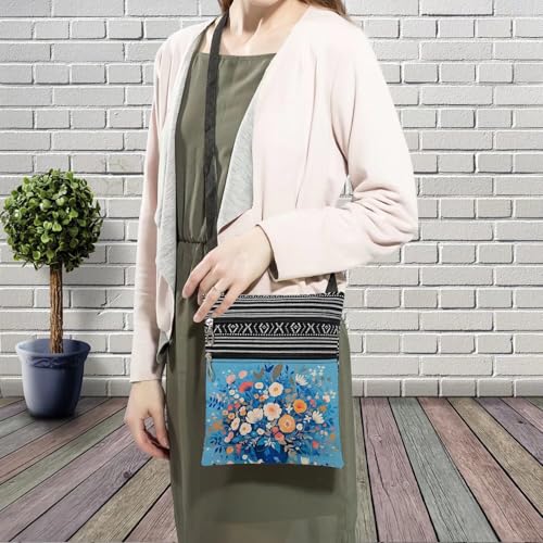 Blue Flower Messenger Bag Small Ethnic Pattern Printed Adjustable Strap Crossbody Zipper Bag Blue Flower Phone Bag Wallet Cute Shoulder Handbag for Women Friends3