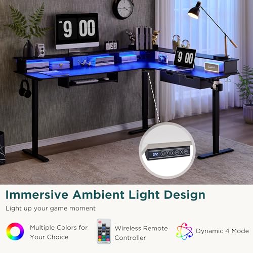 Image of RedLemon 75X60 Inches L Shaped Electric Standing Desk, Height Adjustable Corner Gaming Desk with Drawers, Power Outlets & LED Lights, Computer Desk with Monitor Shelf, Carbon Fiber Black