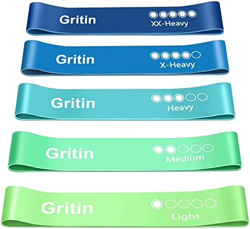 Gritin Fitnessbänder Widerstandsbänder mit 5 Stufen | Latex Fitnessband Resistance mit Deutscher Übungsanleitung & Tragebeutel, Gymnastikband für Muskelaufbau, Yoga - 5er Set