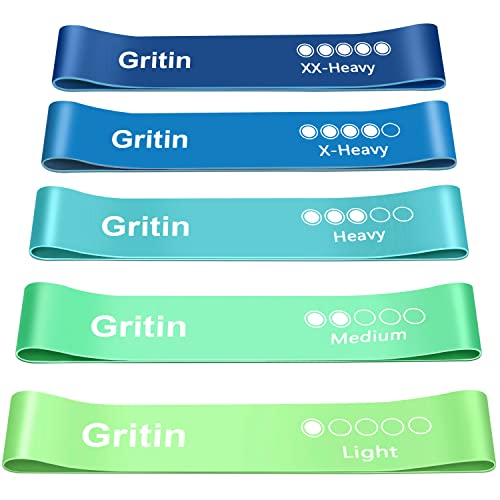 Gritin Fitnessbänder Widerstandsbänder mit 5 Stufen, Latex Fitnessband Resistance mit Deutscher Übungsanleitung & Tragebeutel, Gymnastikband für Muskelaufbau, Yoga - 5er Set