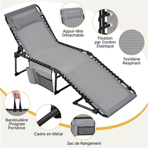 Yaheetech Chaise Longue Pliante Bain de Soleil Transat Jardin Exterieur 189x57x38 cm Dossier Inclinable 5 Positions Lit de Camping pour Plage Piscine Terrasse Relax Détente en Plein Air Gris