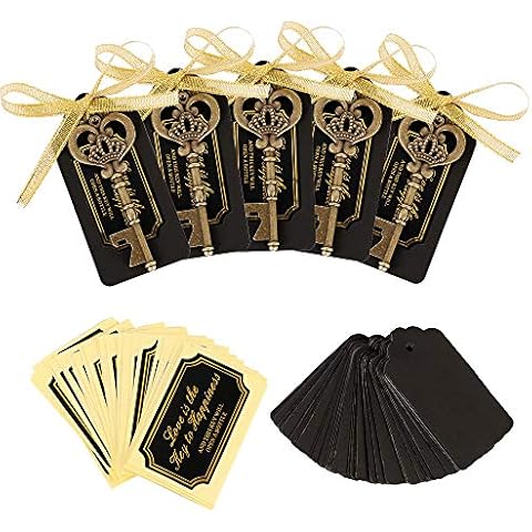 50 Pcs Key Bottle Openers with Black Kraft Tag Card Wedding Favour Guests Antique Skeleton Beer Opener for Party Xmas Rustic Decoration (50Pcs) Cover