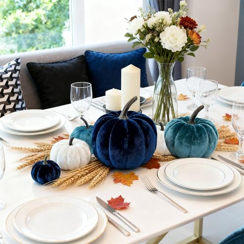 Taefaba Fall 12Pcs Artificial Velvet Pumpkins with 2 Sizes Foam Fake Fabric Faux Pumpkin for Harvest Autumn Season Halloween Thanksgiving Holiday Table Decor Festive Decorations for Home