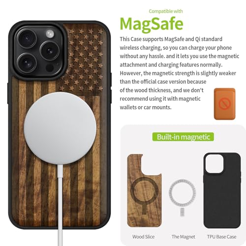 Carveit Magnetic Wooden Case for iPhone 16 Pro Max Case, Wood Artisan Engraved & Black Soft TPU Shockproof Cover, Compatible with MagSafe Wireless Chargers (American Flag) Walnut by Carveit - Image 5