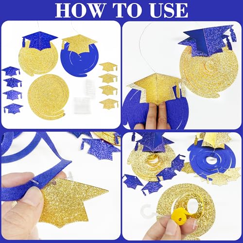 Image of 24Pcs Royal Blue Gold Graduation Grad Cap Hanging Felt Swirl Streamer Spiral Ceiling Garland for Class of 2026 Congrats Grad You Did It We are So Proud of You I'm Done Themed Party Decoration Supplies