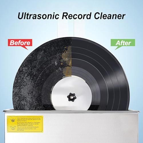Pulitore per dischi ad ultrasuoni, serbatoio in acciaio inox per vinile, timer digitale e riscaldamento, con rack e panni, rimozione della polvere con scanalatura profonda, cura audio domestica