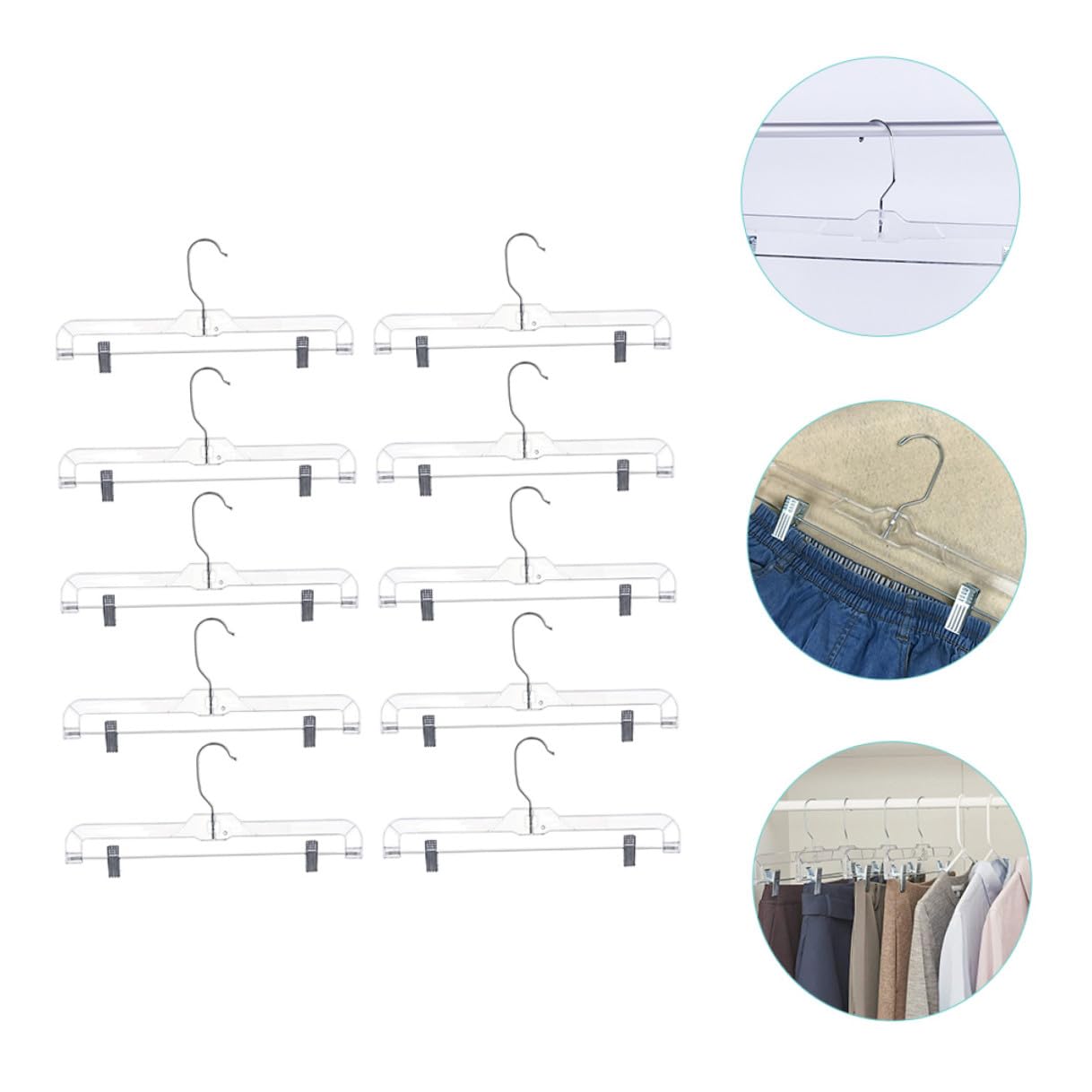 Perchas con Clips Ajustables Transparentes 10 Piezas para Pantalones | Plástico E Hierro, Gancho Giratorio en S y Diseño Curvo, Clips Móviles para Tallas Distintas