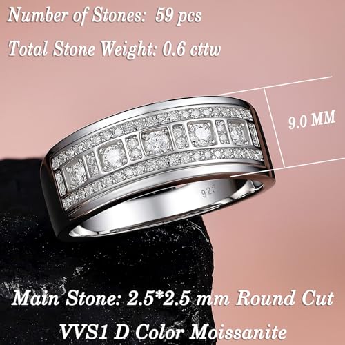 D Color VVS1 Moissanite Rings for Men 925 Sterling Silver Mens Wedding Band Promise Engagement Round Size 9-12 - Image 5