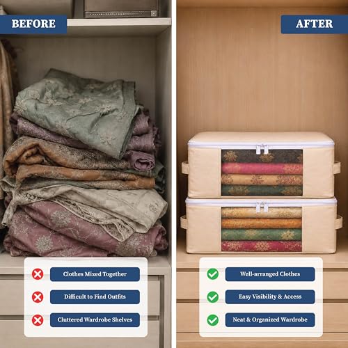 Image of Homestrap Cotton Clothes Storage Covers Pack of 3 | Breathable 100% Cotton Storage Bags with Mesh Window | Reusable & Dust-Proof Wardrobe Organizer for Sarees, Lehengas, Suits, Kurtis & Ethnic Wear