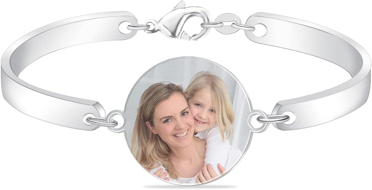 BAUMA AUTO Personalized Picture Bracelet for Women Custom photo Bangle Engraved Photo Charm Adjustable Bracelet Fashion Jewelry Gifts for Women
