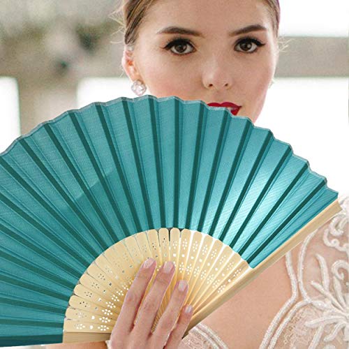 Image of Fabric Handheld Folding Hand Fan With a Tassel Grade A Bamboo Ribs for Women Girls Summer Party Event Favor Birthday Wedding Souvenir Gift (Deep Sky Blue)