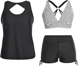 Yonique 3 Piece Tankini Swimsuit for Women Bathing Suit with Shorts and Sports Bra, Black And Stripes., L Price In India