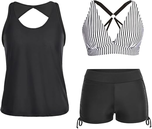 Yonique 3 Piece Tankini Swimsuit for Women Bathing Suit with Shorts and Sports Bra, Black And Stripes., L