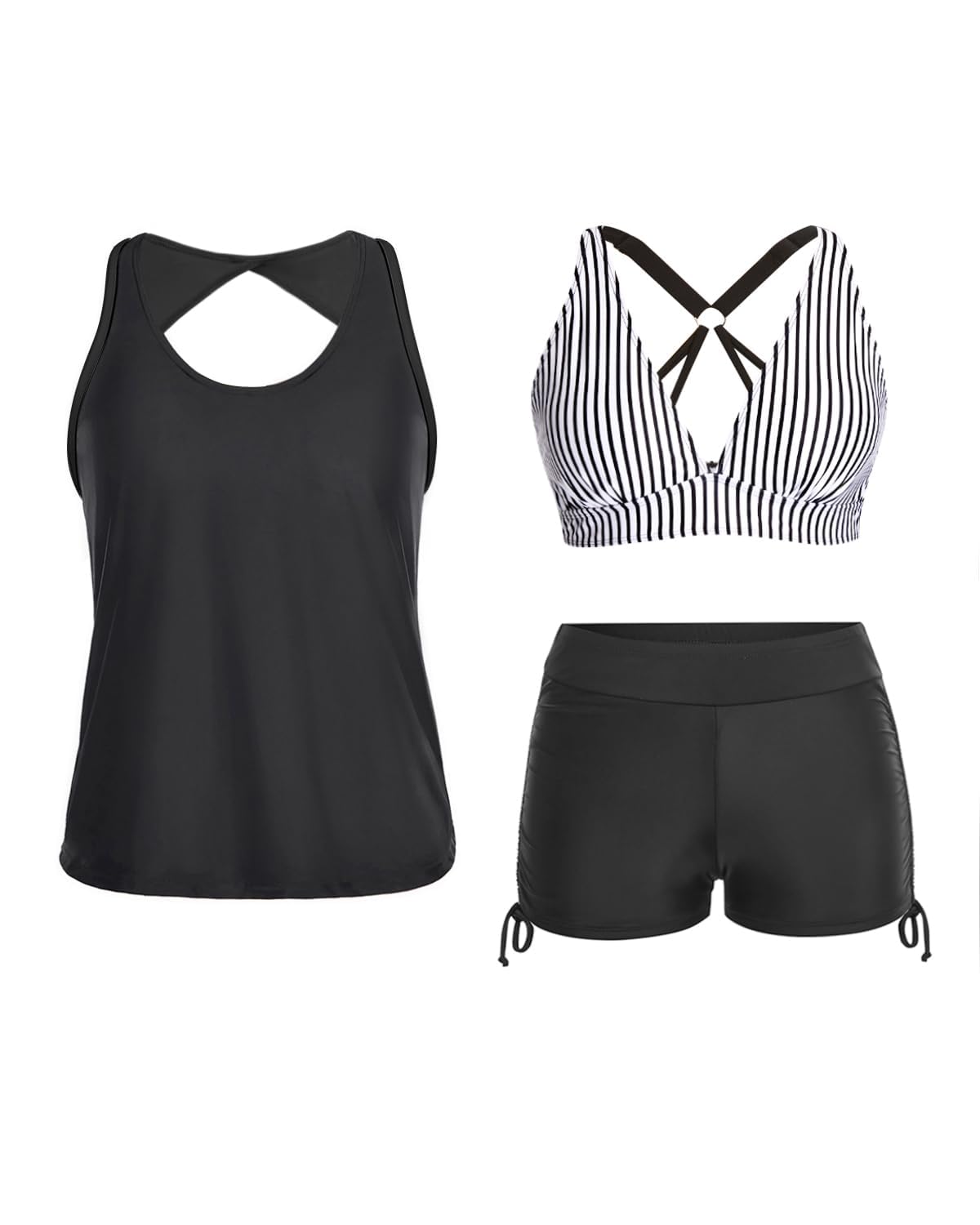 Yonique 3 Piece Tankini Swimsuit for Women Bathing Suit with Shorts and Sports Bra, Black And Stripes., L - Review, Price and Buying Guide