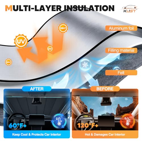 Image of KUST Windshield Sun Shade for Tesla Model Y 2019-2024(Fit Model Y Juniper 2024 2025) Foldable Thicken Window Sunshade UV Protection Keep Cool Sunshield Sun Visor Accessories Aluminum Film