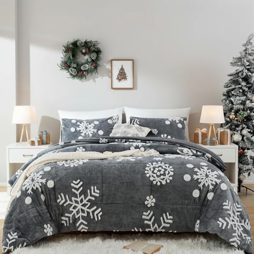 JANZAA Queen Comforter Set Christmas Bedding with White Snowflake Stereoscopic