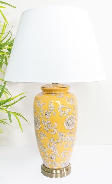 DOWNTON INTERIORS Large Yellow Chinese Oriental Ceramic Porcelain Table Lamp White Floral Pattern Overall Height 68cm G2113 (White Plain Shade)