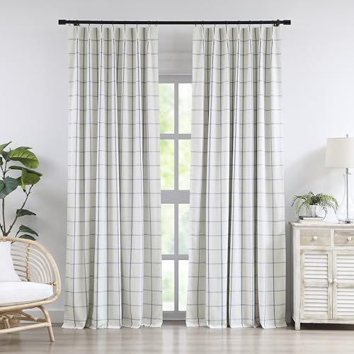 Vision Home Blue Plaid Linen Pinch Pleated Full Blackout Curtains 40x102Lx2 - image 1