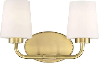 Savoy House 8-4090-2-322 Capra Mid-Century Modern White Opal Glass Bathroom Vanity Wall Light, 2-Light 120 Total Watts, 9" H x 15" W, Warm Brass