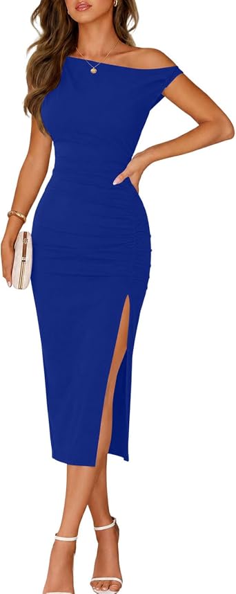 OWIN Womens Sexy Elegant Off Shoulder Sleeveless Side Slit Ruched Bodycon Wedding Guest Cocktail Party Midi Dress
