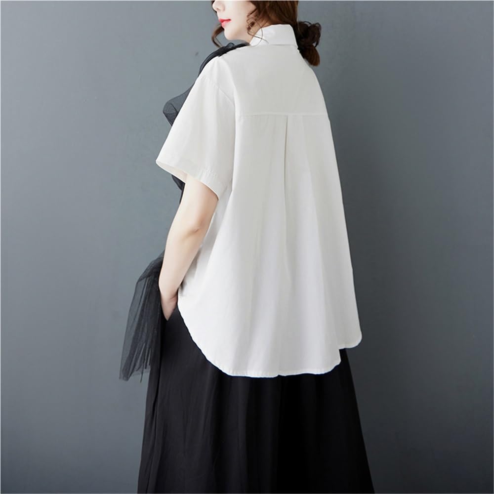 Camisa De Manga Corta Con Diseño De Tul A La Moda Para Mujer, Camisetas Informales Con Solapa Y Botones, Blusas Holgadas Y Cómodas De Verano