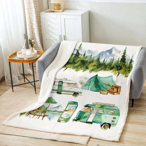 Camping Theme Throw Blanket,Travel Trailer Tent Tree Bed