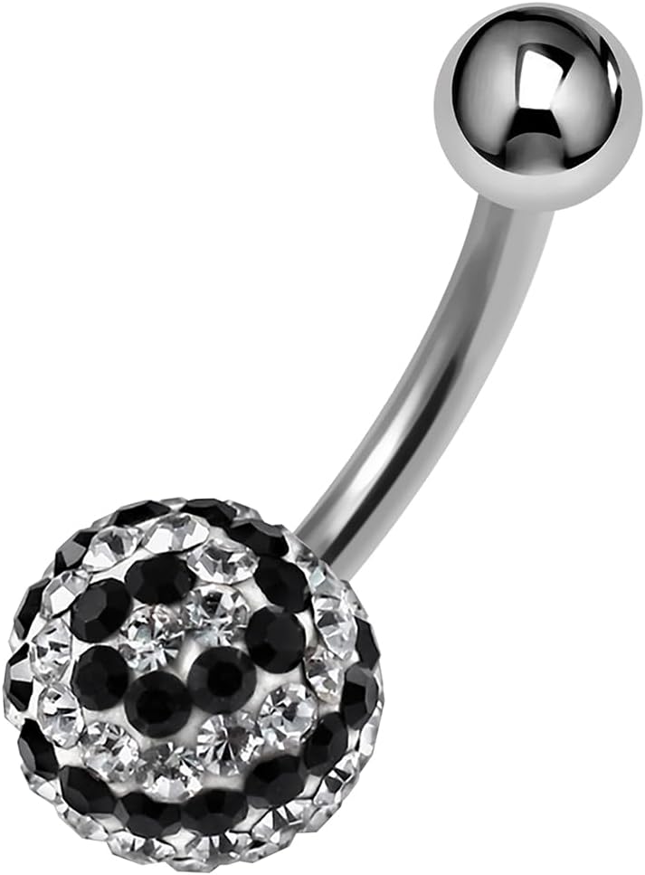 Black Spiral on White Multi Crystal Stones with 316L Surgical Steel 14 Gauge - 10mm Length Curved Barbell with 5mm Top Ball Belly Ring - Belly Button jewelry - Navel jewelry - Ball Navel Ring
