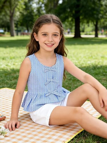 Image of Girls Bowknot Tank Tops Sleeveless Striped Shirts Cotton Peplum Babydoll Top