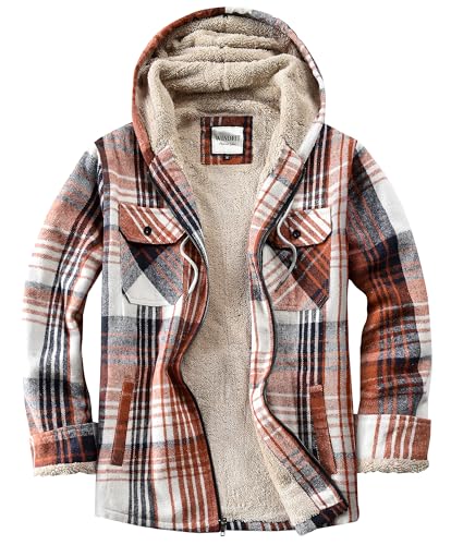 WINDFIT Damen Fleece-Flanelljacke mit durchgehendem Reißverschluss, kariert, Sherpa-Futter, Jacke für Damen, Frisches Orange, Medium