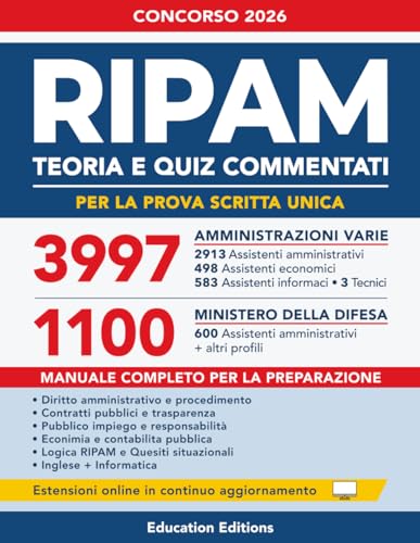 CONCORSO RIPAM 3997 Assistenti Amministrativi, Informatici, Economici e Tecnici Diplomati: Manuale per la Prova Scritta Unica con Teoria, Quiz Commentati ed Estensioni Online.