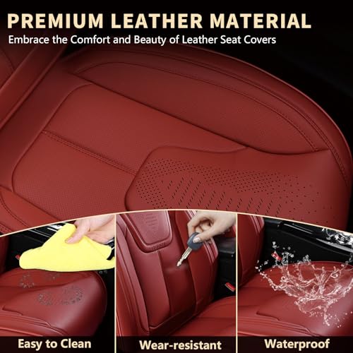 Image of FLORICH Car Seat Cover Full Set, Red Automotive Seat Covers, Luxury Faux Nappa Leather Car Seat Protectors, Car Seat Cushions Universal Fit for Most Sedans SUVs Trucks - Red