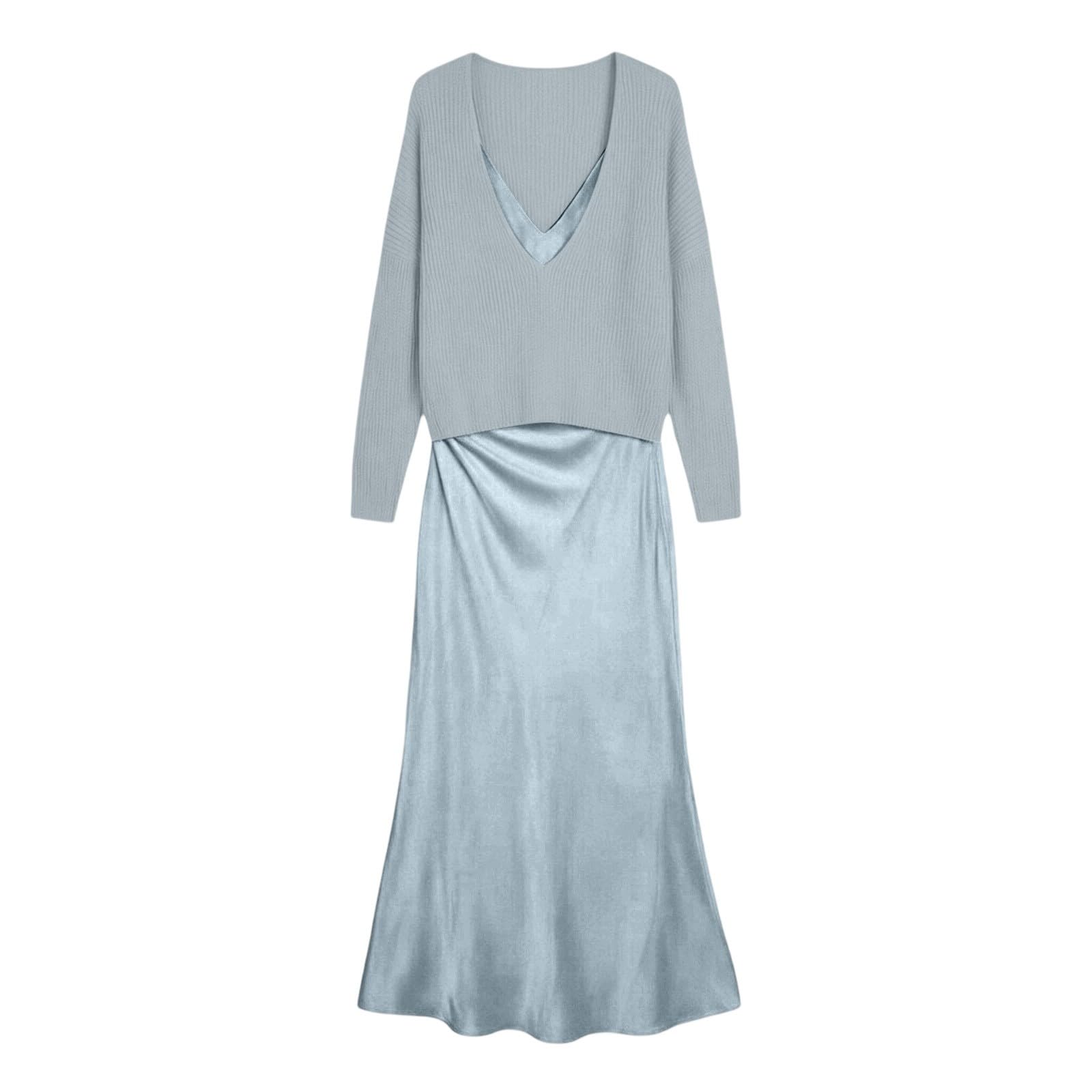 Generico Elegante Completo Due Pezzi in Maglia Top Unito e Abito in Raso per Donna Outfit Primaverile Estivo Autunnale da Tempo Libero appuntamento Festa