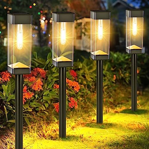 Benany Solar Outdoor Lights, 6 Pack Solar Pathway Lights with LED Tungsten Filament Bulb, Stainless Steel Waterproof Solar Path Lights for Garden, Landscape, Driveway, Walkway, Yard, Sidewalk, Lawn