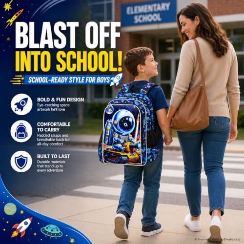 Image of WZLVO 3PCS Astronaut Bookbag for Boys, 16 inch Cool UV Printing Kids Backpack /School Bag with Lunch Box & Pencil Bag for Preschool to Elementary - Astronaut Driving a Yellow Tank